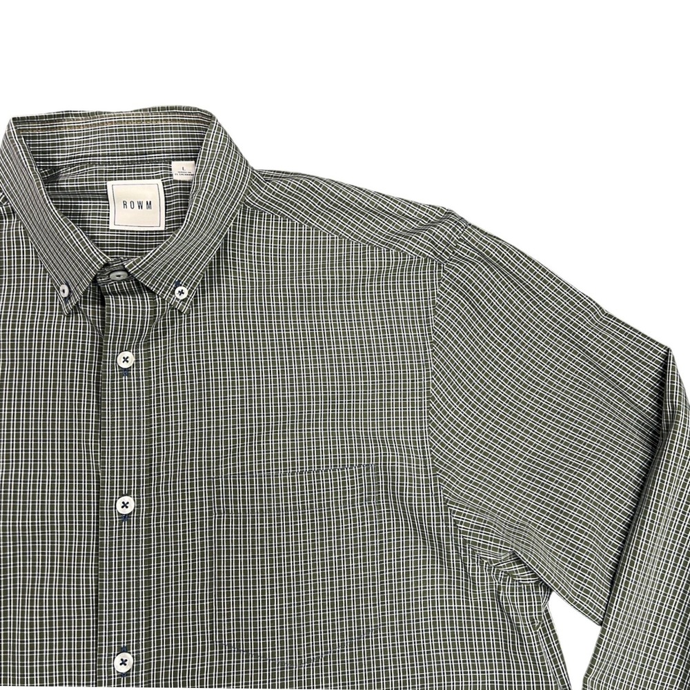 ROWM Men Large Long Sleeve Button Down Shirt Olive Green Navy Check Plaid Cotton
